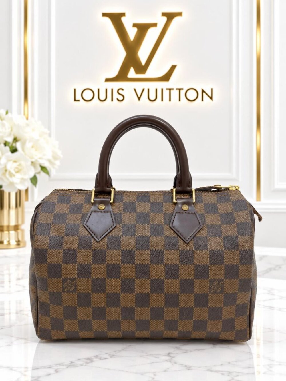 Authentic Louis Vuitton Speedy 25 Damier Ebene Canvas Brown Handbag